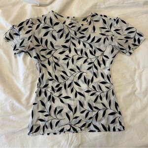 Vintage black and white leaf print mesh top